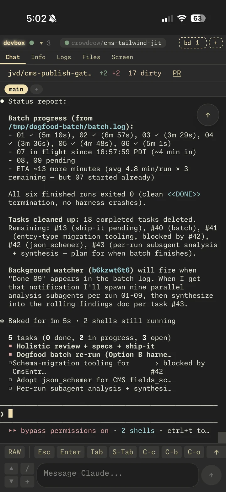 Chat tab streaming Claude's rich status report mid-task