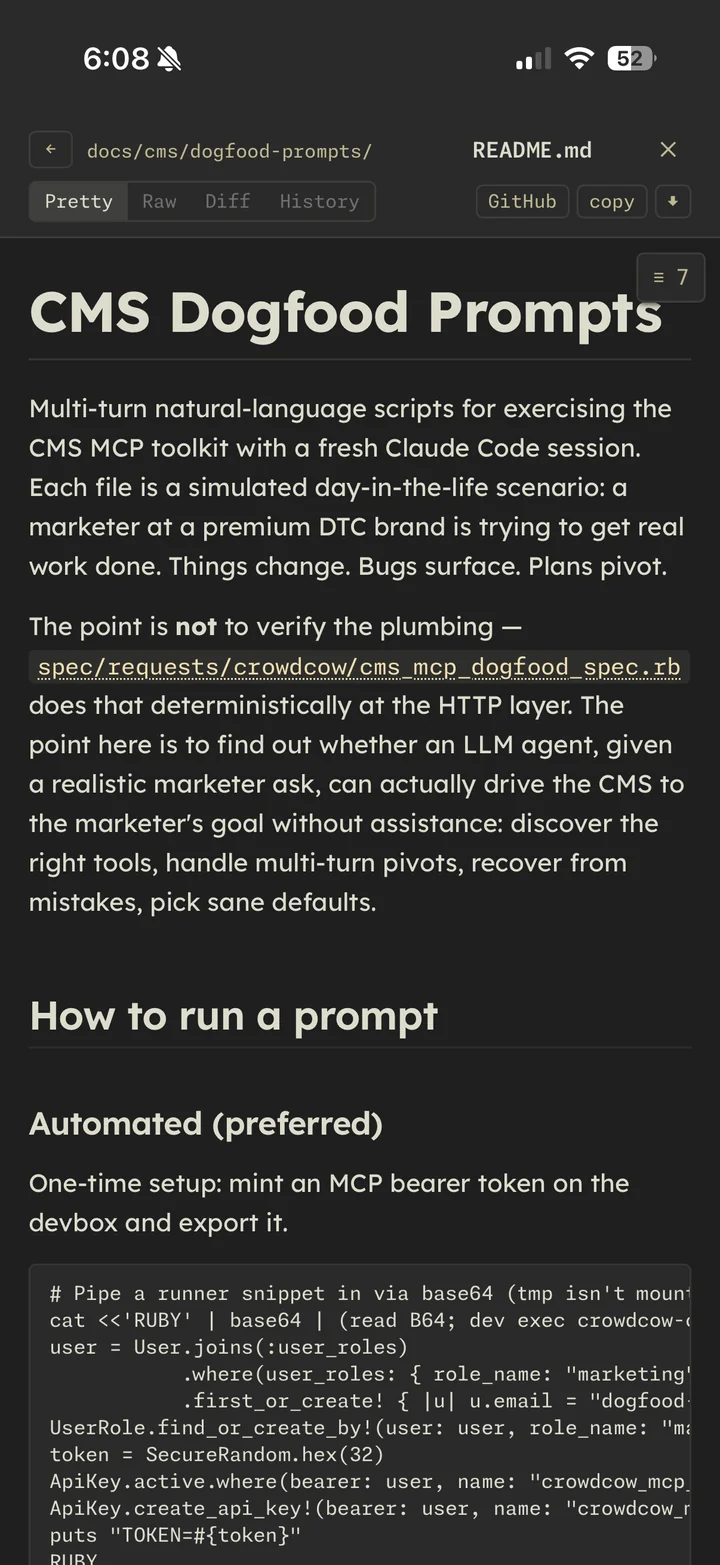 Markdown viewer rendering a handoff doc with syntax-highlighted code