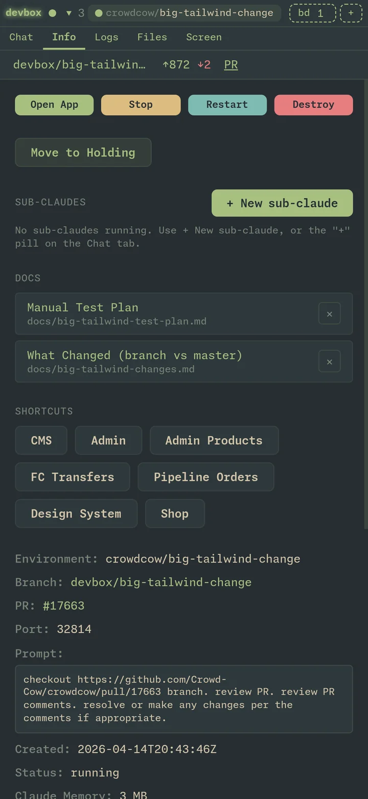 Info tab showing controls, sub-claudes, docs, shortcuts