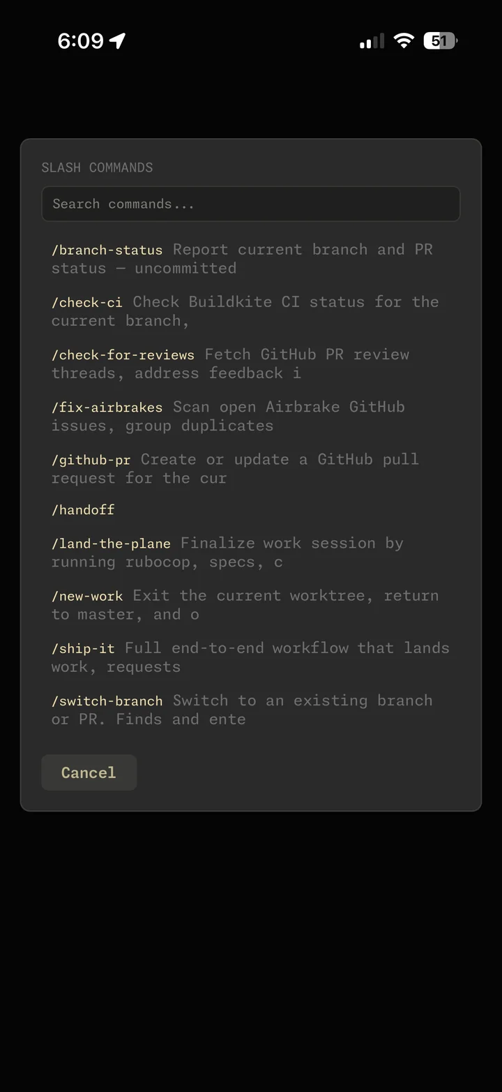 Slash command palette with fuzzy-matched skills and commands